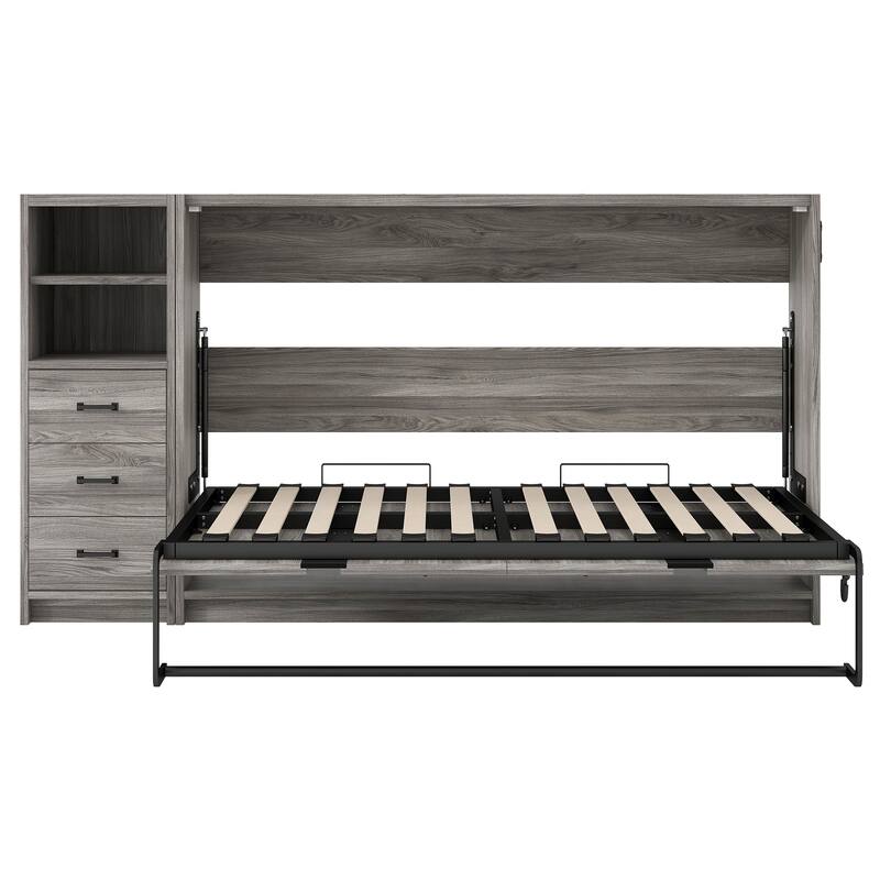 Space-Saving Foldable Twin Bed with Drawers, LED Light, and Cabinet, Gray