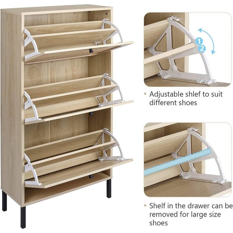Boho Shoe Cabinet with 3 Rattan Flip Drawers, Free Standing Wood Entryway Shoe Rack, Hallway Shoe Organizer