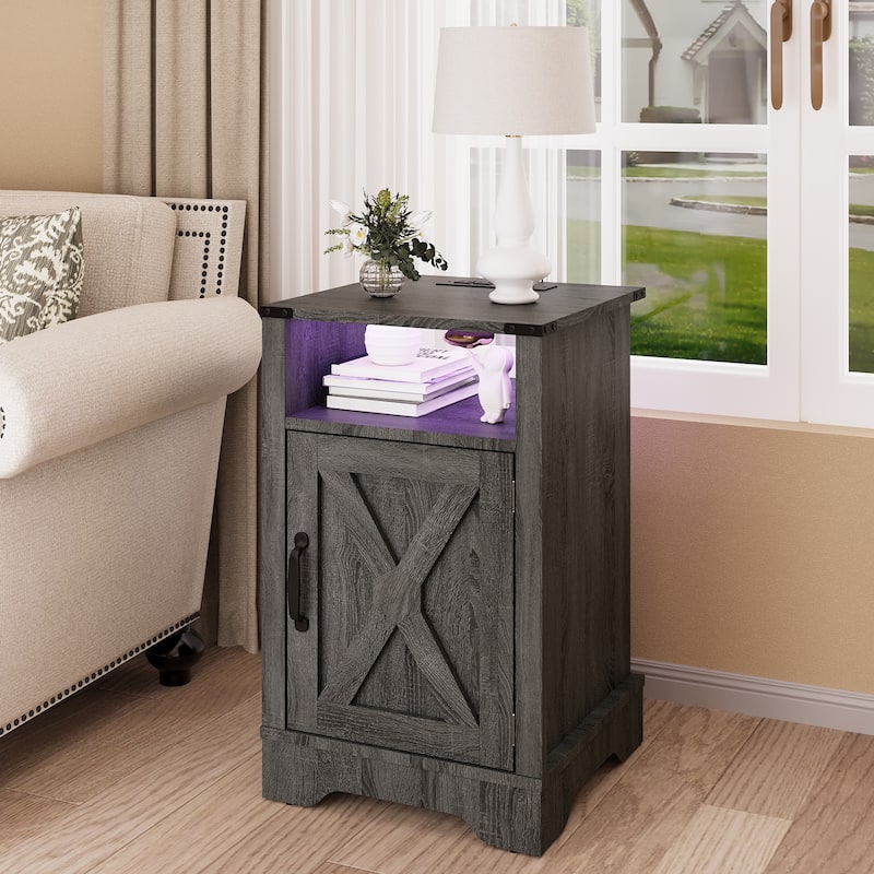 Farmhouse Nightstand With LED Lights and Charging Station - Grey