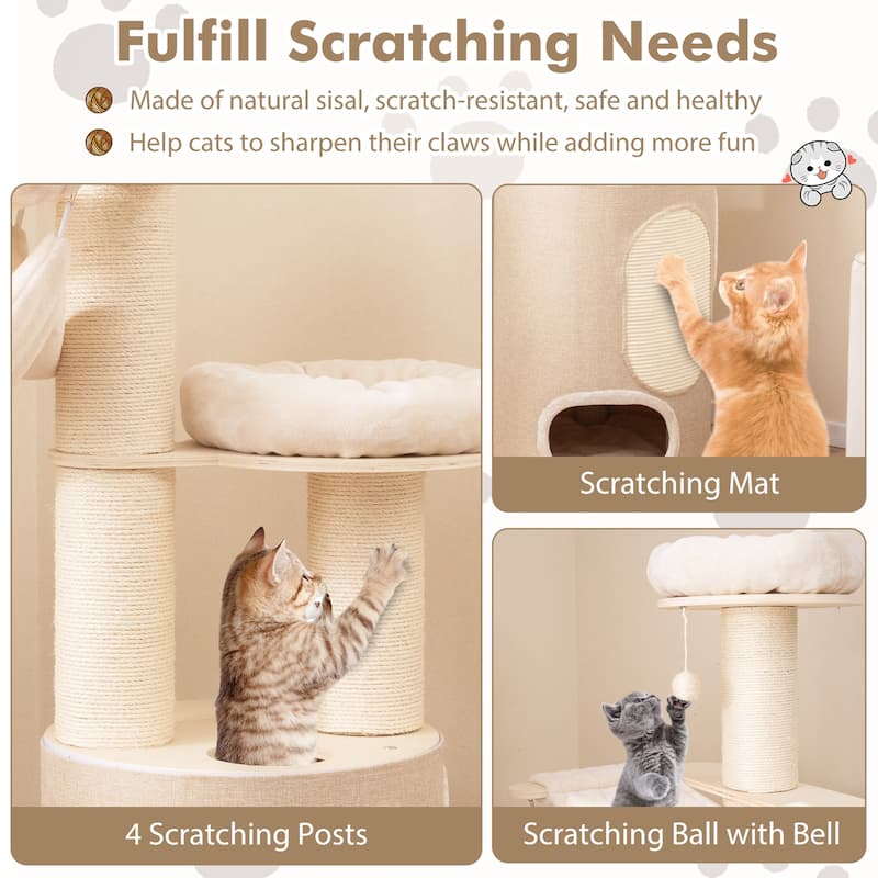 Wooden Cat Tree 74 Inches Tall with 2-Story Condo & Washable Soft Cushions - 23" L x 23" W x 74" H