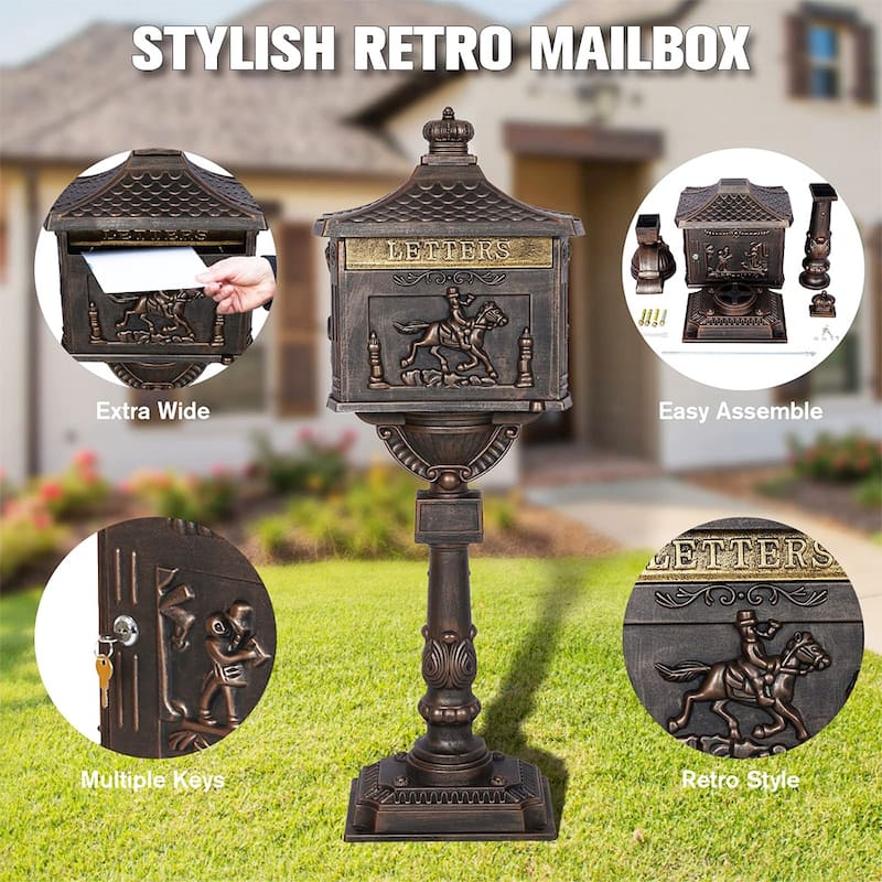 Aluminum Locking Mailbox with Post, Outside Weatherproof Mail Box - 45.5"T X 16.5"W