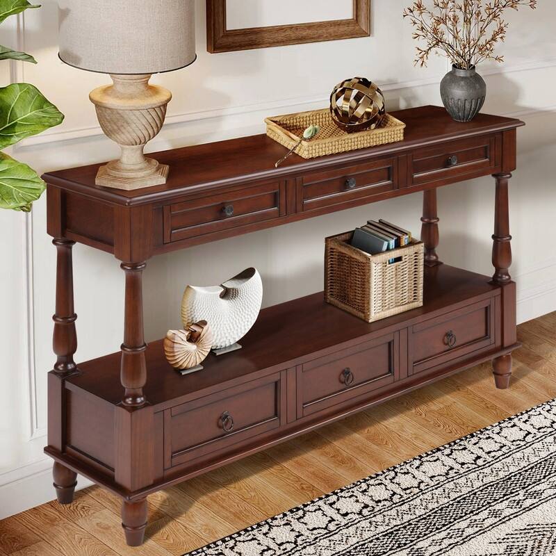 Retro 54" Solid Wood Console Table with 6 Drawers and Shelf for Vintage Living Room and Hallway Storage