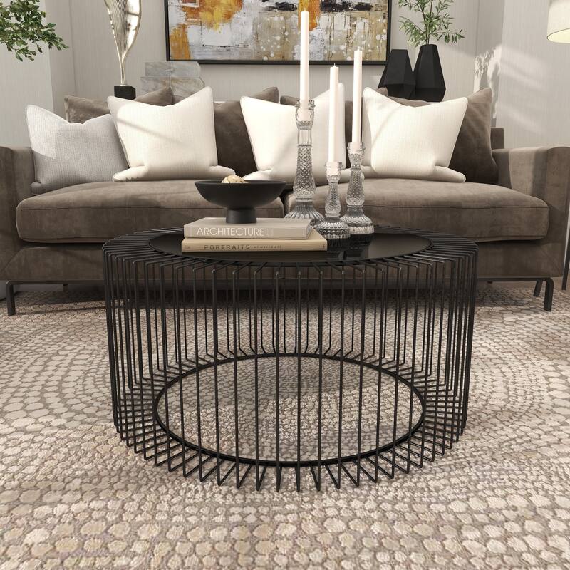 Metal Open Wire Frame Coffee Table with Shaded Glass Top - Black - Roche River Decor