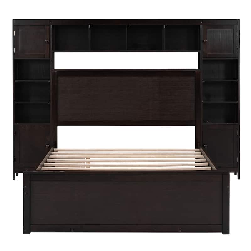 Espresso Full Size Modern Wooden Bed with Cabinet, Shelf, and Sockets