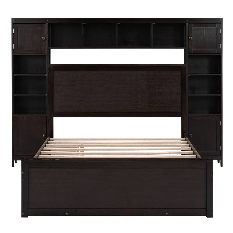 Wooden Storage Platform Bed with All-In-One Headboard, Solid Pinewood Captain Bed Frame with Trundle and 2 Drawers