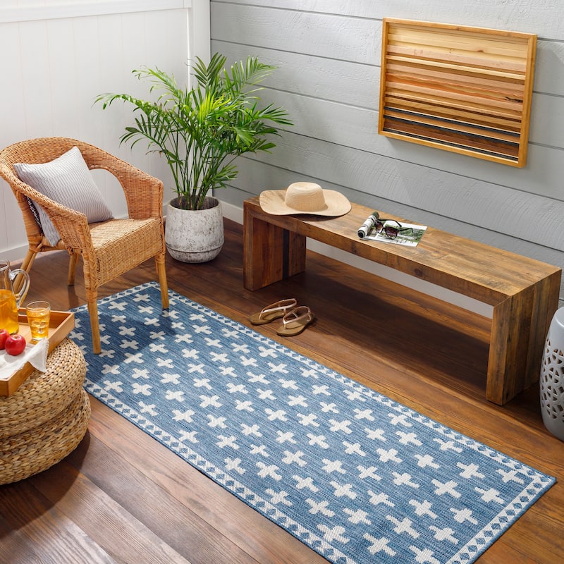 Livabliss Boronia Indoor/ Outdoor Mod Geometric Area Rug - 2'7" x 7'3" Runner - Blue