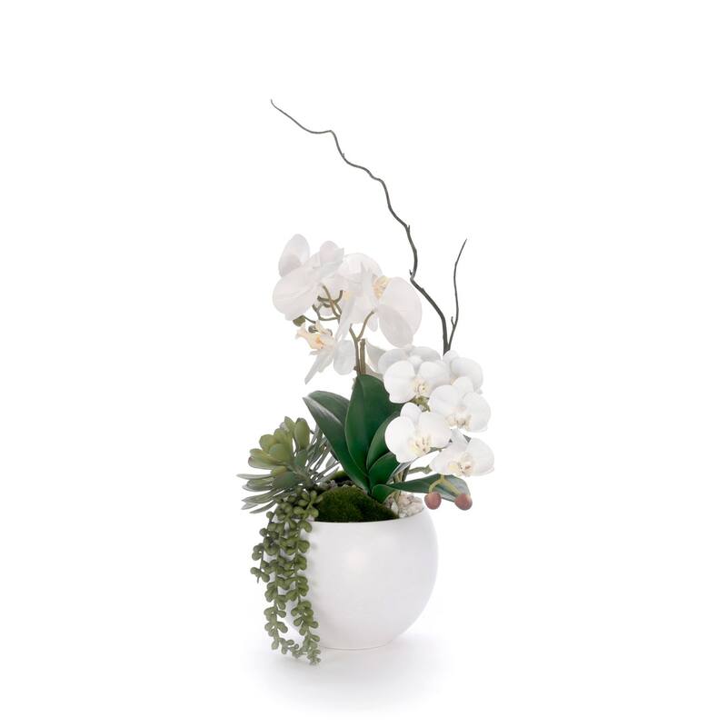 Real Touch White Orchid Flower Arrangement in White Bowl
