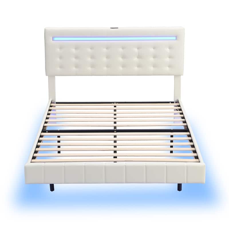 Full Size Floating Bed Frame with LED Lights and USB Charging