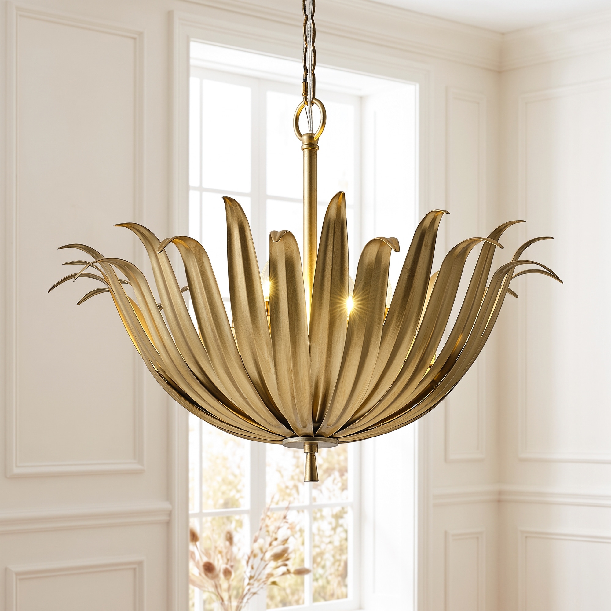 24" Vintage Antique Gold 6 Light Bowl Metal Leaf Convertible Chandelier with Adjustable Chain