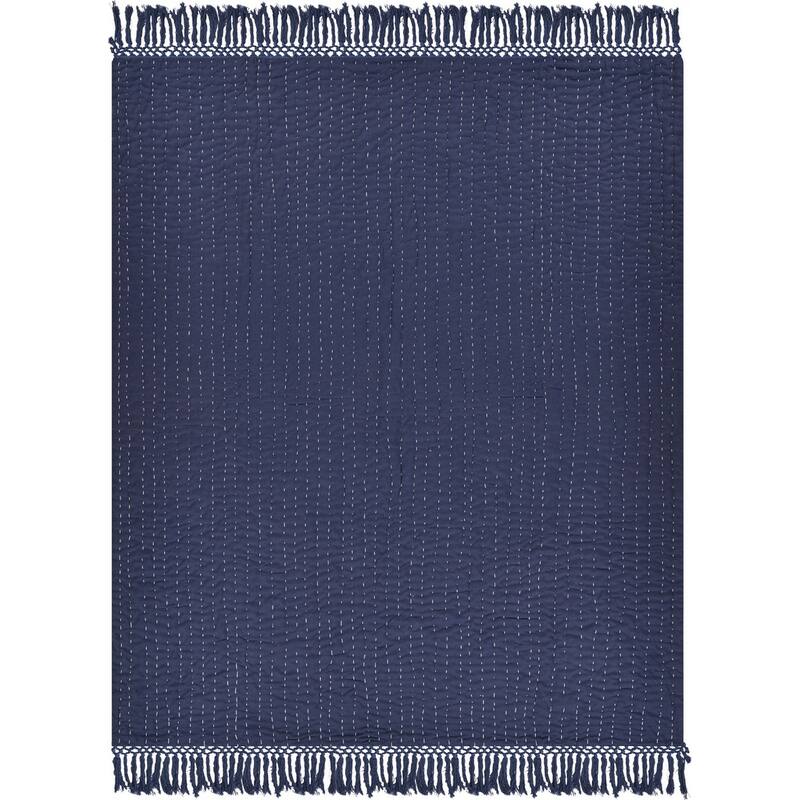 60" X 50" Blue Kantha Cotton Throw Blanket with Embroidery