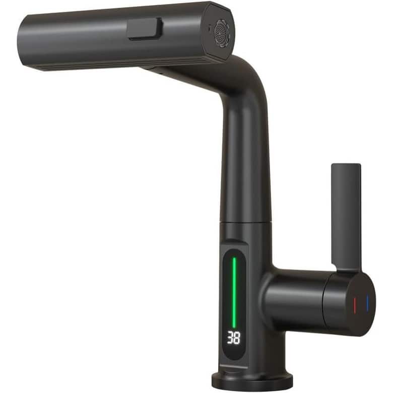 Pull-Out Lift LED Temperature Digital Display Bathroom Basin Faucet Single Handle 360 Degree Rotatable Waterfall Basin Tap - Black