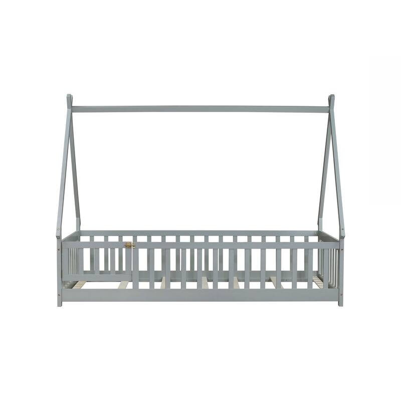 Twin Tent-shaped Floor Bed,Teepee Bed with Guardrails,Slats and Door