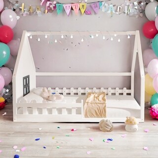 Full Size Wood House Bed with Window and Fence, with a LED Light