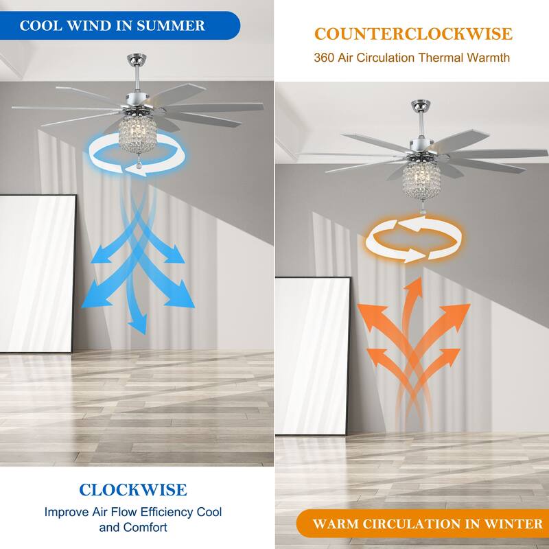 65" Large Crystal Ceiling Fan with Chorme Finish, 8-Blades 3 Lights w Crystal Shade, Quiet DC Motor w Remote Control