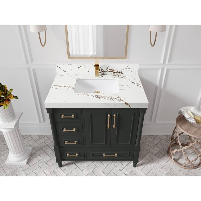 Willow Collections 36 in. W x 22 in. D Aberdeen Center Right Offset Sink Bathroom Vanity with Countertop - 2"Viola Brown - Black top