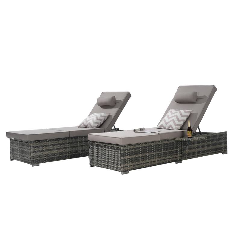 Outdoor Chaise Lounge Chair Set of 2 with Storage Patio Pool Chairs Tanning Lounges for Outside, Beach Rattan Recliners