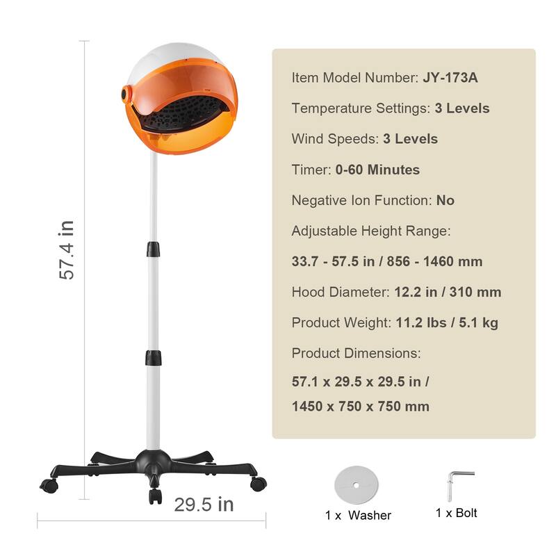 Salon-Grade Hair Dryer, 1875W Powerful Stand Dryer, Adjustable Timer & 3 Heat/Speed Options, Mobile Base