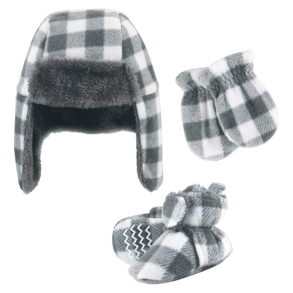 slide 2 of 2, Hudson Baby Unisex Baby Trapper Hat, Mitten and Bootie Set, Charcoal White Plaid 0-6 Months - Charcoal White Plaid