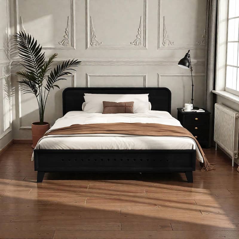 Modern Solid Wood Platform Bed, Pine Wood Queen/King Bed Frame with Slats, Stable No Box Spring - Black - Queen