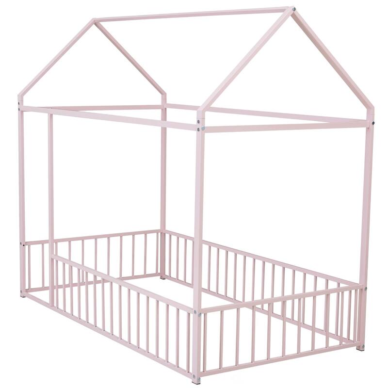 Twin Size Metal Bed House Bed Frame with Fence, for Kids, Teens, Girls, Boys