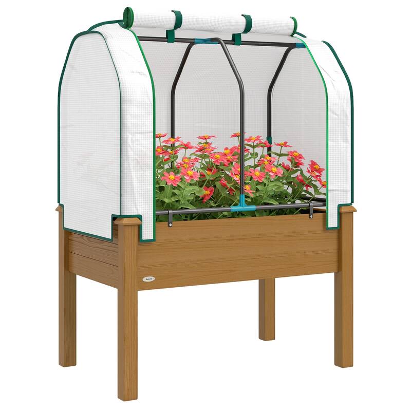Outsunny Raised Garden Bed with PE Greenhouse Cover Outdoor Elevated Wood Planter Box , 35 x 22 x 47 inch