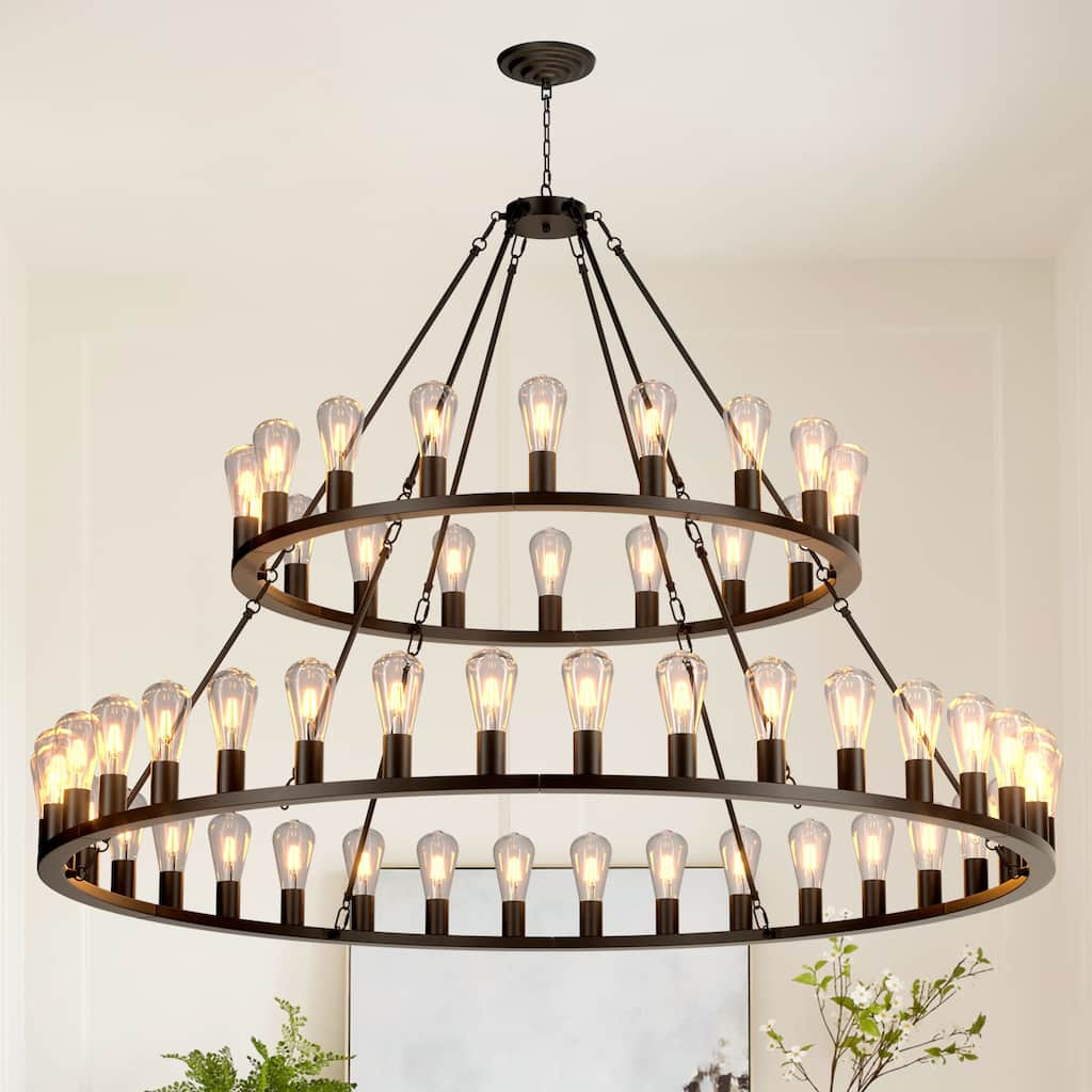 Industrial Style High Ceiling Pendant Extra Large Wagon Wheel Chandelier, Adjustable Chain, for Dining Rooms Living Rooms