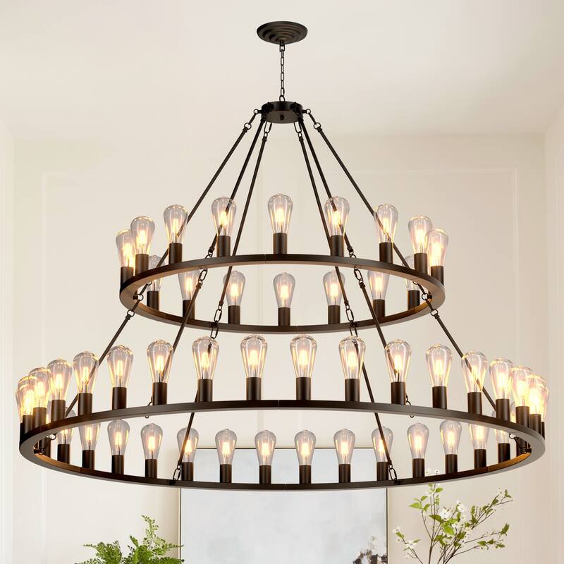 Industrial Style High Ceiling Pendant Extra Large Wagon Wheel Chandelier, Adjustable Chain, for Dining Rooms Living Rooms - Black