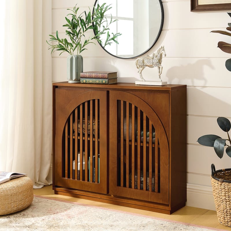 Mid Century Modern Fluted Sideboard Cabinet with 2 Outlet Holes, Buffet Cabinet with Storage