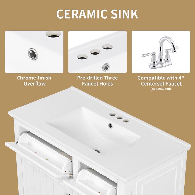 36 Inch Bathroom Vanity with Ceramic Sink Top, Solid Wood Frame, MDF & Poplar Cabinet, Flip Drawers, Adjustable Shelf