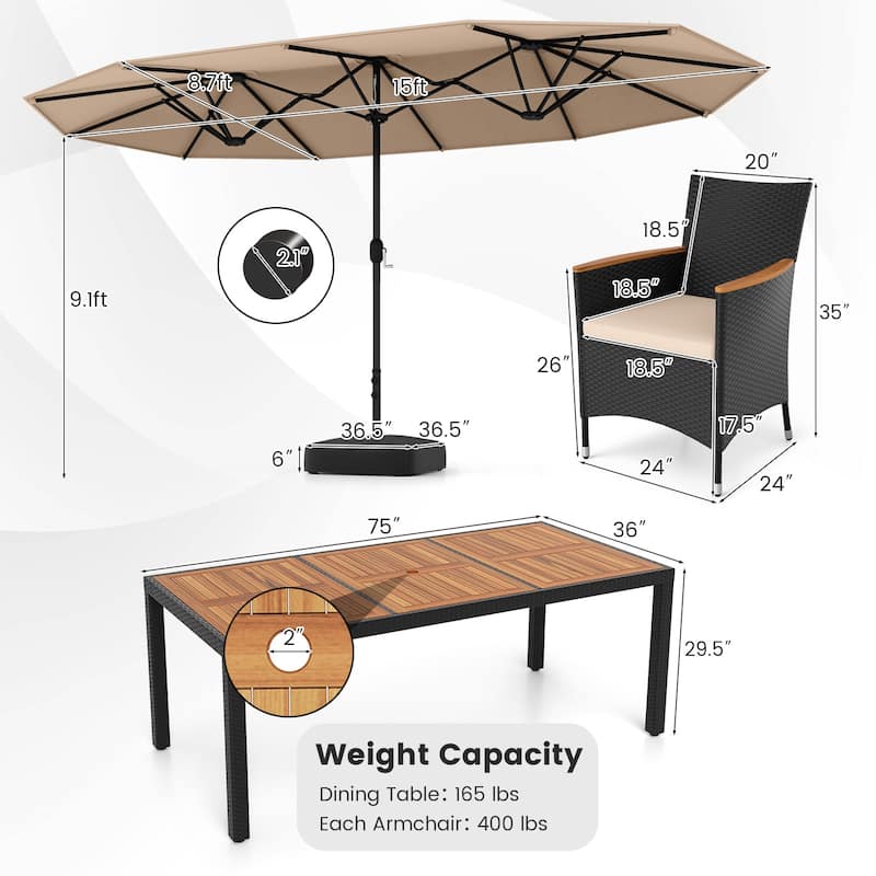 9-Piece Wicker Patio Dining Set with Large Table and Cushions Armchairs Included Outdoor Umbrella