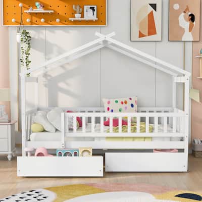 Twin Size Wooden House Bed with Drawers and Roof Design, Kids Bed Frame