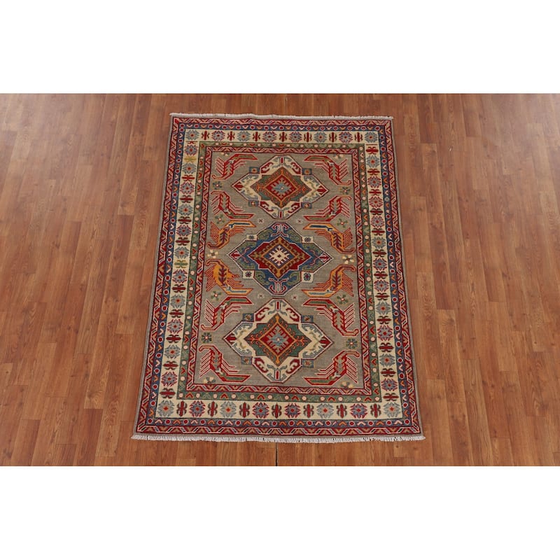 Geometric Brown Kazak Oriental Area Rug Handmade Wool Carpet - 4'0" x 5'10"