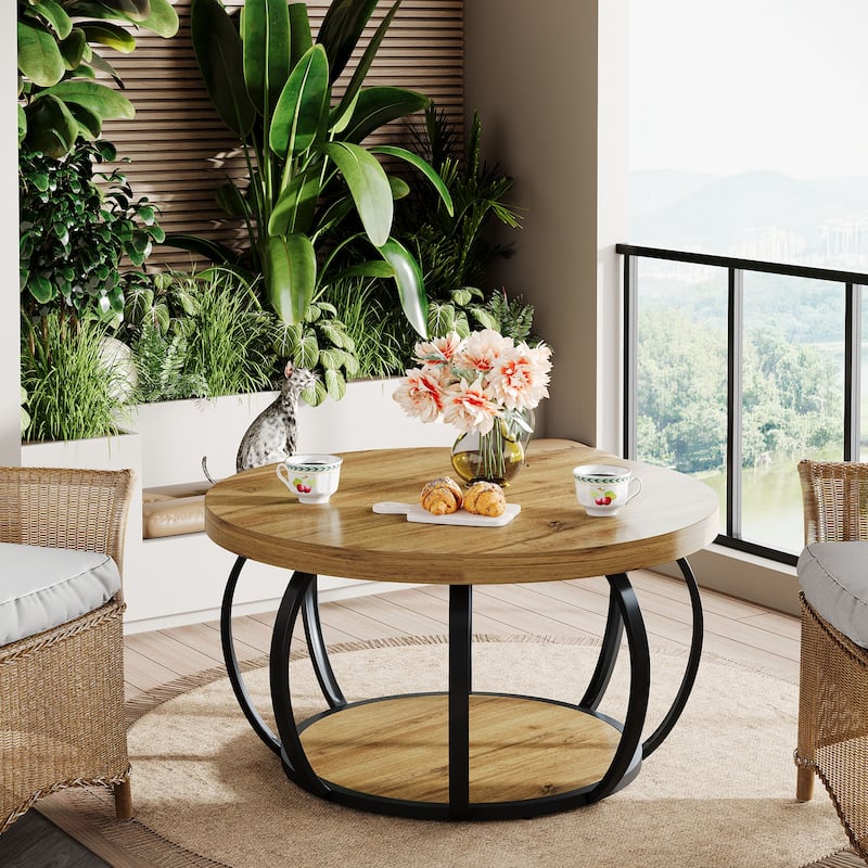 Round Coffee Table with 2-Tier Storage Shelves and Metal Frame
