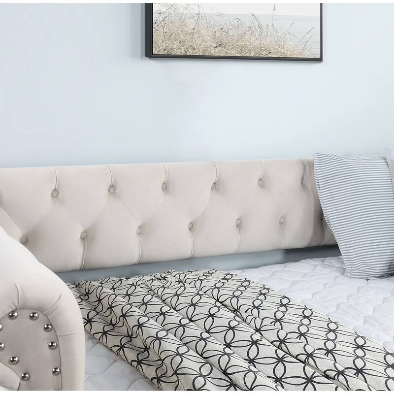 Twin Size Upholstered Velvet Daybed with Trundle and Stylish Round Armrest