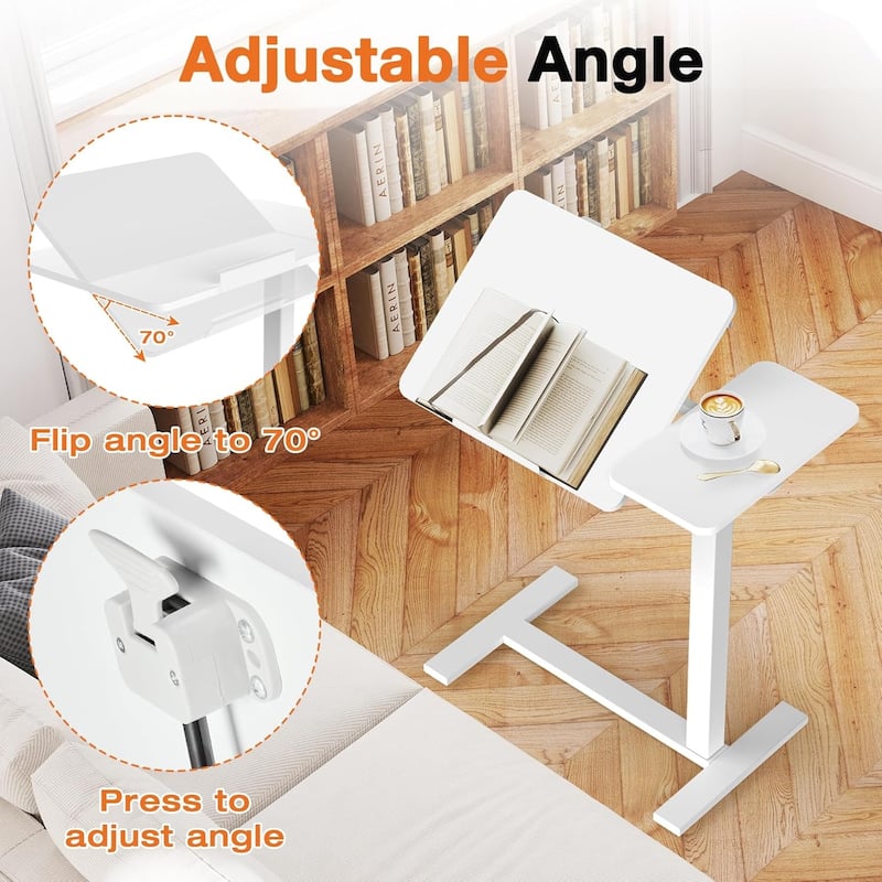 Overbed Bedside Table, Mobile Standing Desk Adjustable Height, Small Rolling Laptop Computer with Wheels, Tiltable Desktop
