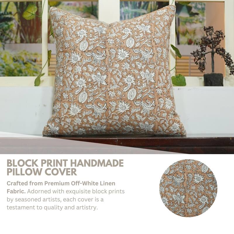 Fabdivine Floral Pillow Cover Heavy Linen Block Print for Living Room Chair Patio Office or Bedroom Decor, Manikarnika