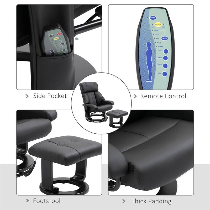 Faux Leather Recliner Chair with Vibration Massage, Swivel Wood Base