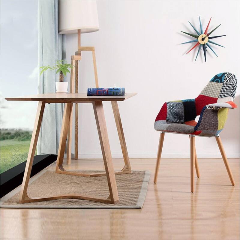 Set of 2 Fabric Patchwork Patterned High Back With Arms Accent Chairs Natural Leg Wood Dining Living Desk Designer Task