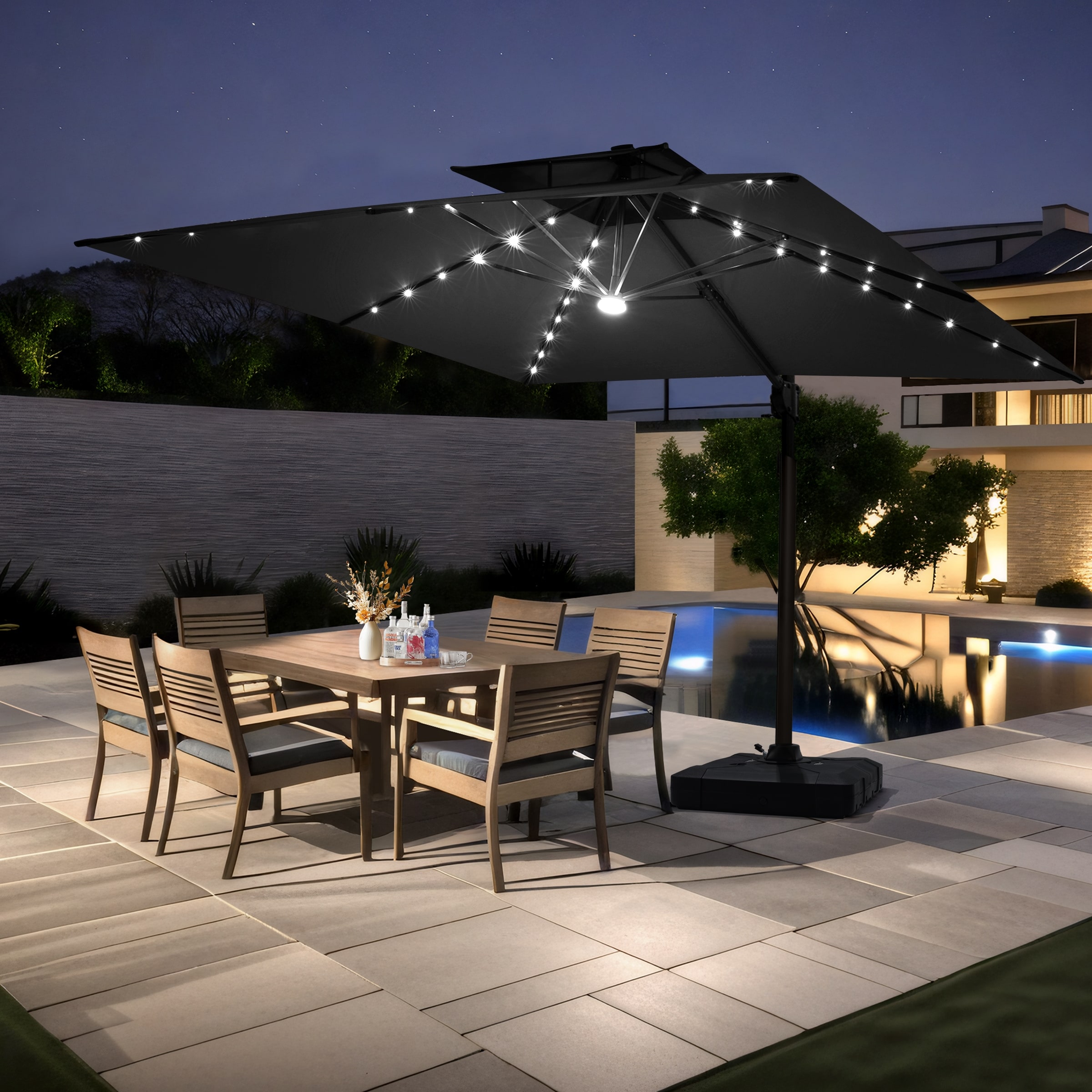 Pellebant 11X11 FT Outdoor Cantilever Patio Umbrella Solar LED Lighted with Wheel Base