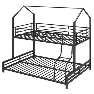 Twin Over Full Metal House Bunk Bed with Sloping Stairs, Black
