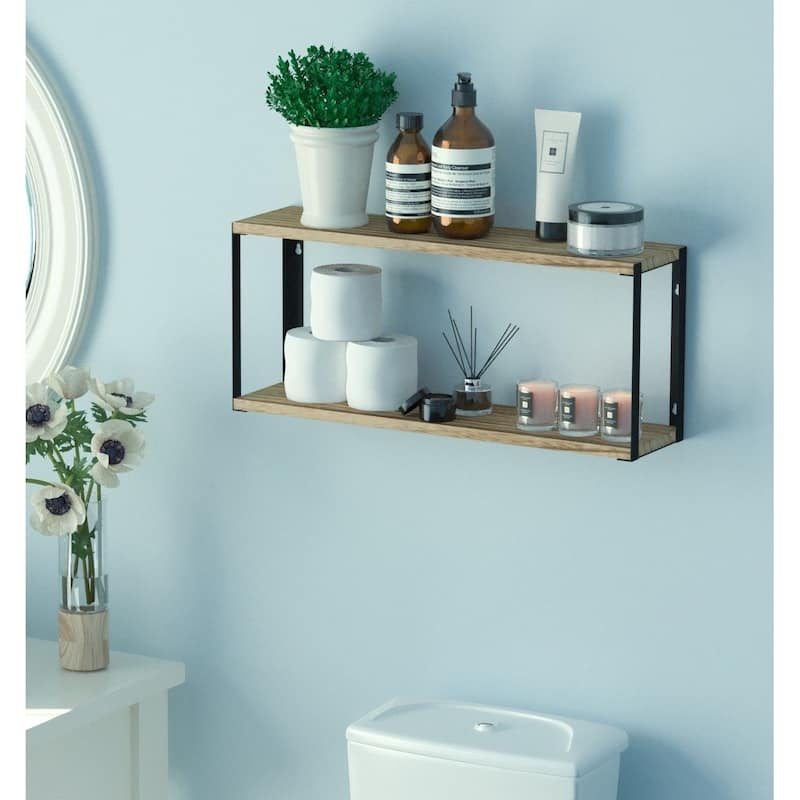 Wallniture Roca 24" Wooden Wall Shelf for Bathroom Organization and Storage, 2-Tier, Natural Burned