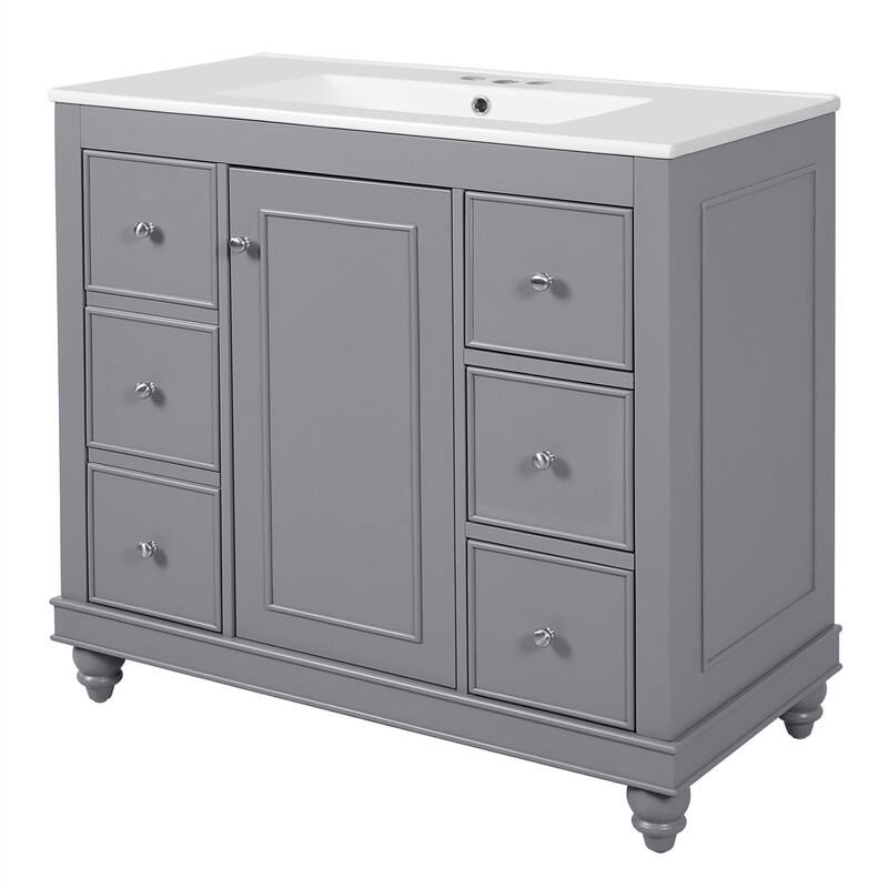 36'' Bathroom Vanity Cabinet with Ceramic Sink, Freestanding Bathroom Vanity Cabinet with 4 Drawers, 1 Door and Adjustable Shelf
