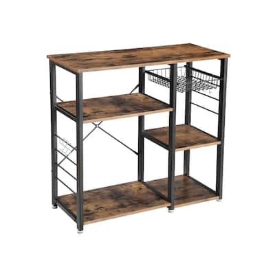 Vintage Black Iron Kitchen Bakers Rack with Shelves Wire Basket and Hooks for Storage and Organization - 35.4"L x 15.7"W x 33"H