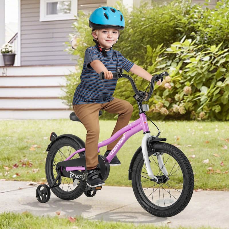 Purple Adjustable Toddler Bicycle Steel Frame and Dual Brakes Enclosed Chain Guard Training Wheels - 16-Inch