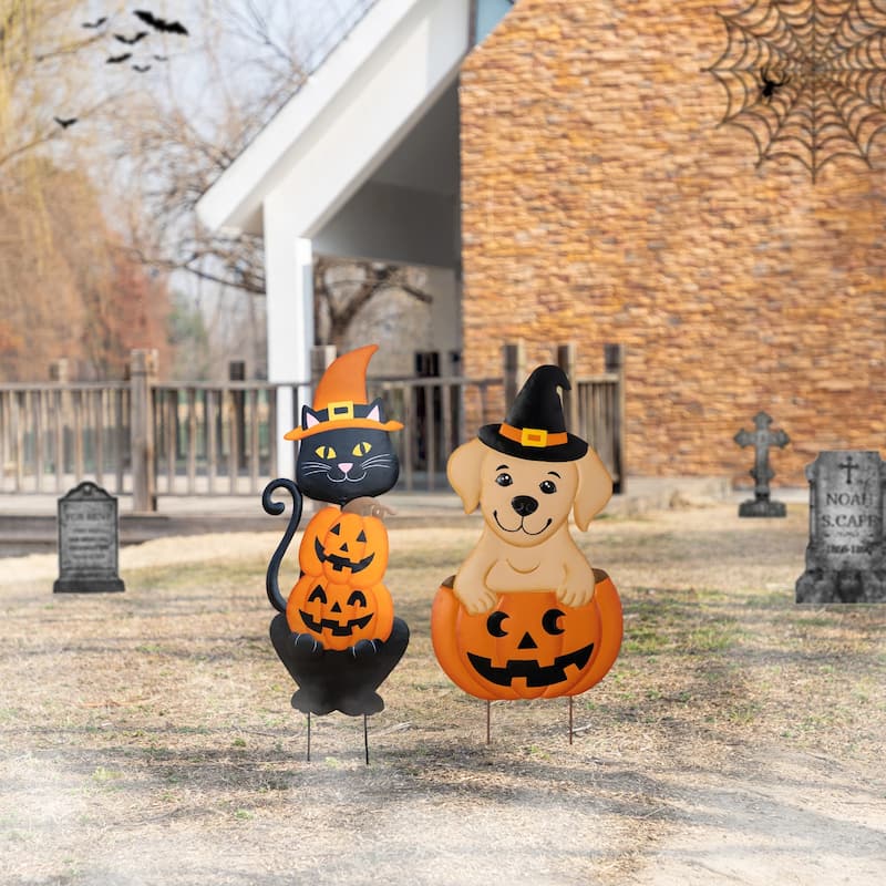 Glitzhome Halloween Metal Black Cat or Labrador in Pumpkin Yard Stake Wall Decor - Black Cat & Dog