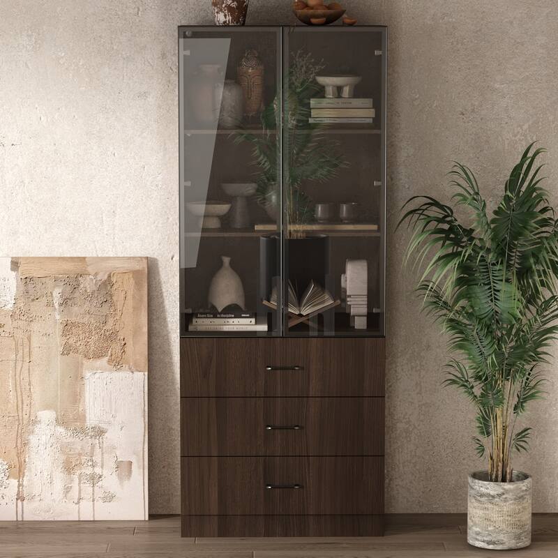 LED-Lit Wood Grain Cabinet - Configurable Storage for Home or Office