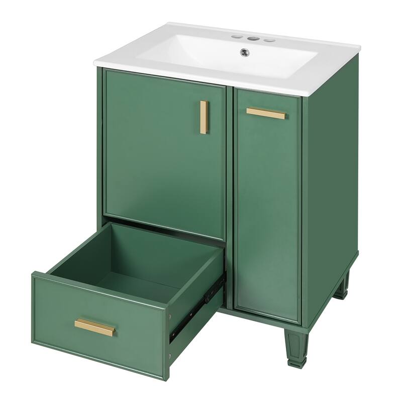 Bathroom Vanity with Ceramic Sink, Freestanding Bathroom Cabinets with Door Shelf, Deep Drawer & 2-Tier Pull-Out Baskets