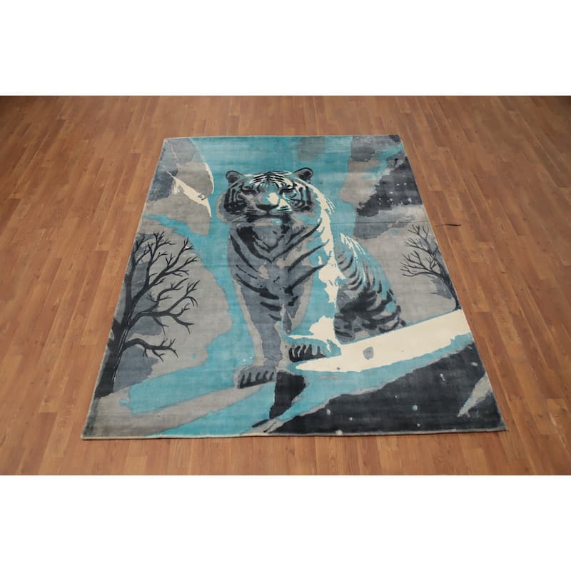 Hand Knotted Oriental Viscose Silk Carpet Modern Animal Pictorial Navy Blue & Blues Abstract Area Rug - 7' 7'' X 5' 8''