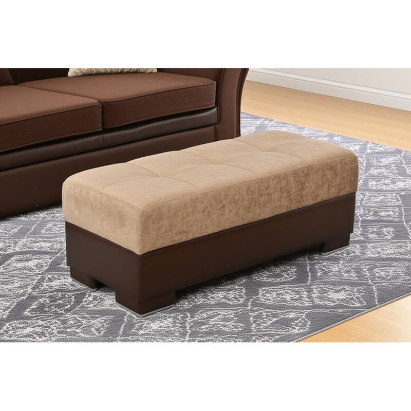 HomeRoots 52" Tan and Brown Chenille And Faux Leather Storage Ottoman - Brown/Tan - 52.00 in. x 18.50 in.  x 21.00 in.