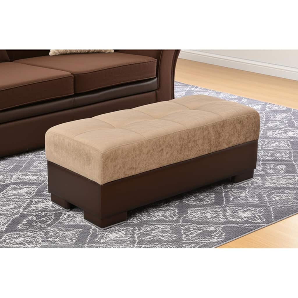 HomeRoots 52" Tan and Brown Chenille And Faux Leather Storage Ottoman
